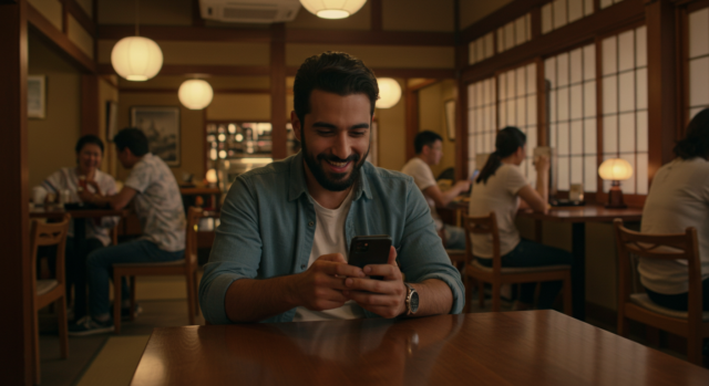 A smiling man using his smartphone in a Japanese restuarant, showcasing a user enjoying connectivity with a Rakuten Mobile plan in Japan.