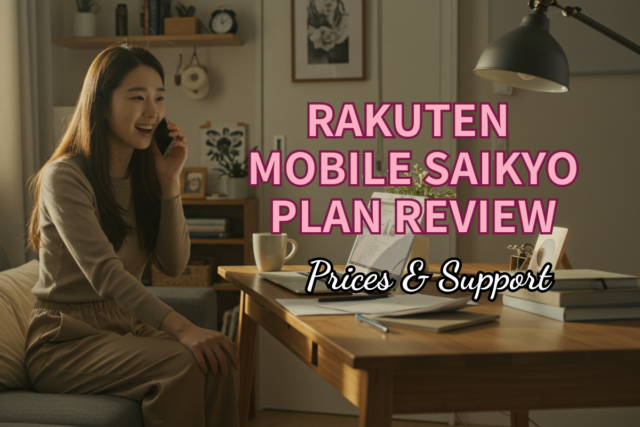 A smiling woman speaking on her phone and using a laptop in a comfortable home office, applying for a Rakuten Mobile SAIKYO Plan.