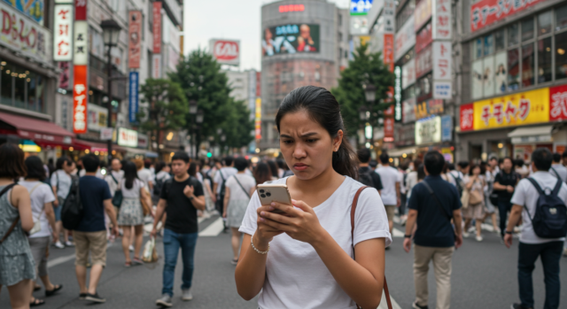 A woman looking frustrated while checking her phone in a busy street in Japan, representing the potential signal and coverage disadvantages of using Rakuten Mobile.