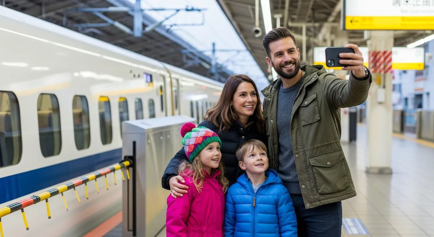 Family taking a selfie at a Shinkansen station in Japan with the high-speed train in the background.