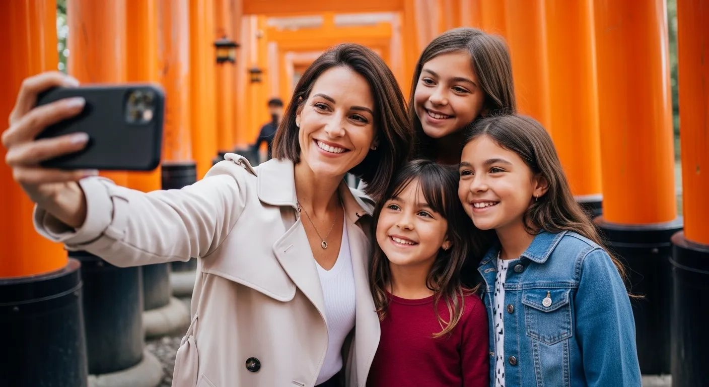 Family taking a selfie together in front of the iconic Torii gates at Fushimi Inari Shrine, Kyoto, Japan.