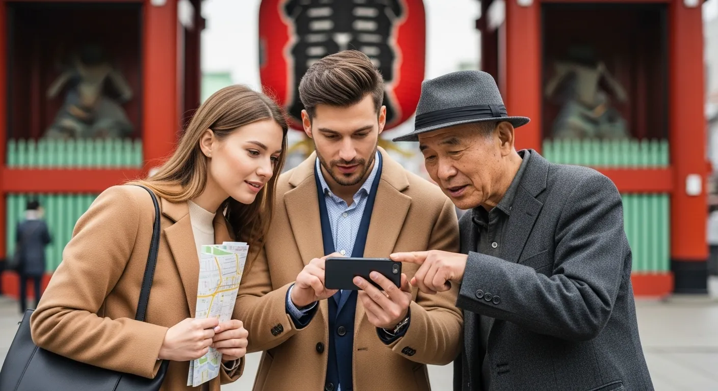 Tourists asking for directions while looking at a smartphone and holding a map outside Sensoji Temple in Asakusa, Tokyo, Japan.