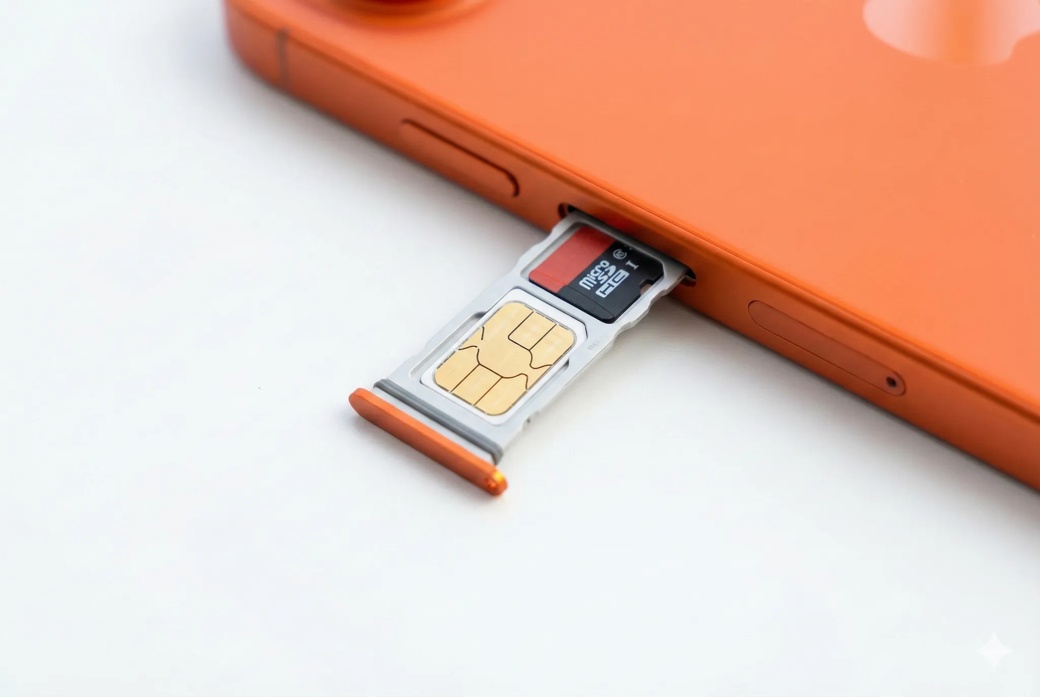 A close-up view of a Nano-SIM card sitting in the ejected SIM tray of an orange iPhone 17 Pro Max, ready for insertion.