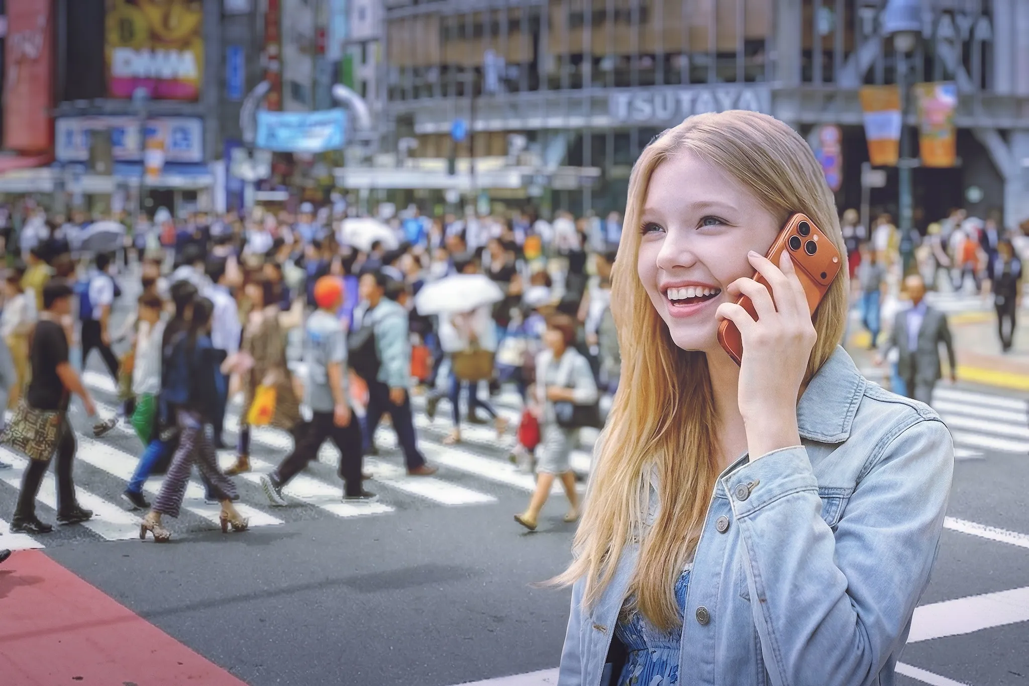 A woman speaking on an iPhone 17 Pro Max at Shibuya Scramble Crossing.