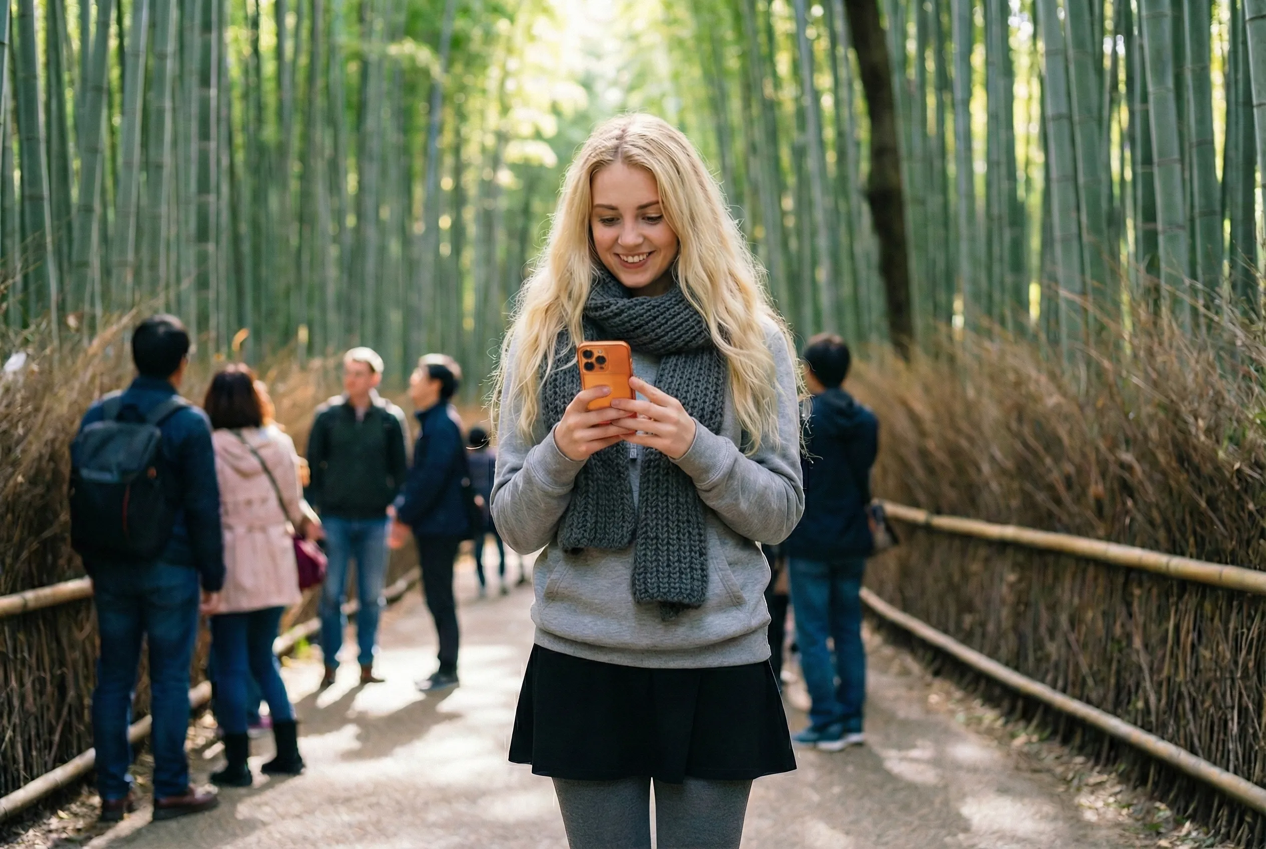 Female tourist uses an iPhone amidst tall stalks in the Arashiyama bamboo grove, Japan.
