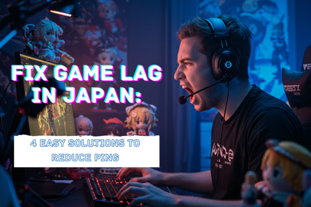 A gamer shouting in frustration due to lag and high ping while playing an online game, surrounded by figurines and immersed in a colorful, anime-themed gaming setup. The gamer is using a headset and keyboard, visibly upset by the game's performance.