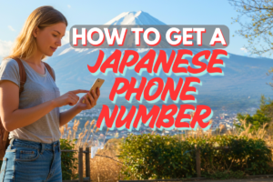 Foreigner browsing a phone with Mount Fuji on the background.