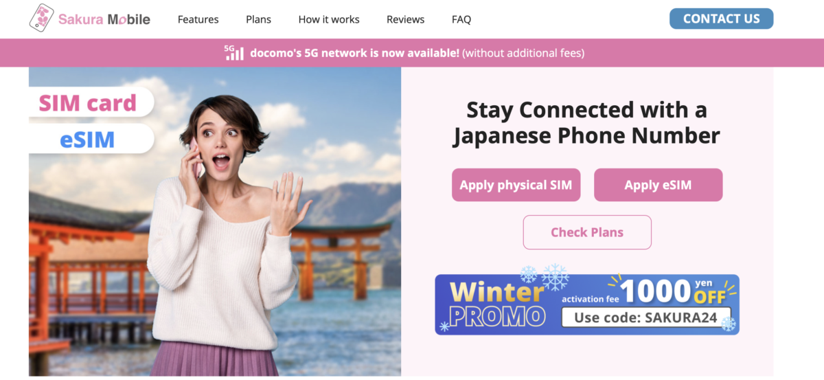 Screenshot of Sakura Mobile's English homepage for SIM and eSIM