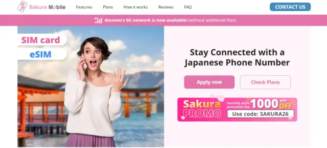 Screenshot of Sakura Mobile's English homepage for SIM and eSIM