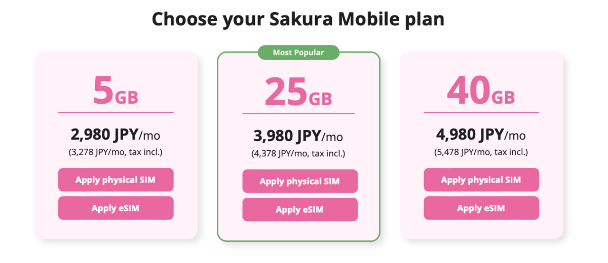 Screenshot of Sakura Mobile's low cost pricing for phone plans