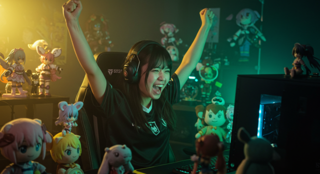 A gamer celebrating after successfully optimizing her internet speed, raising her fists in triumph while enjoying a smooth gaming experience. Surrounded by anime figurines and a colorful gaming setup, she is thrilled by her improved gameplay performance.
