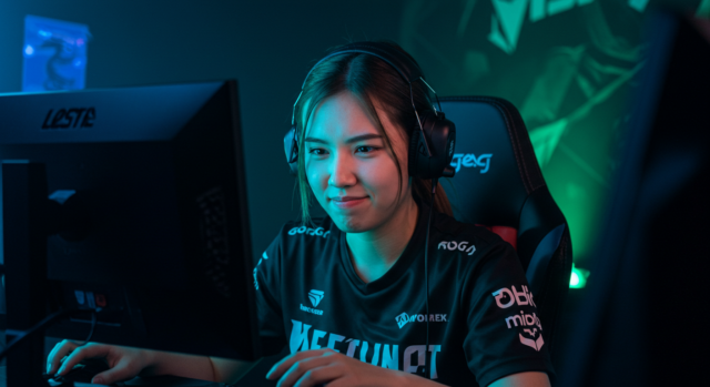 A gamer carefully reviewing her PC's specifications to ensure they meet the requirements for smooth gameplay, sitting in front of a well-lit gaming setup. She is focused on optimizing her gaming experience, wearing headphones and a gaming jersey.