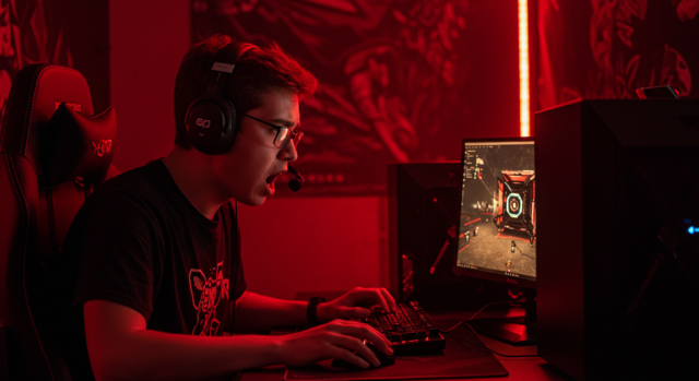A gamer visibly frustrated while playing an online game, experiencing lag and high ping, in a dimly lit room with a red-themed gaming setup. The gamer wears headphones and is intensely focused on the game screen.