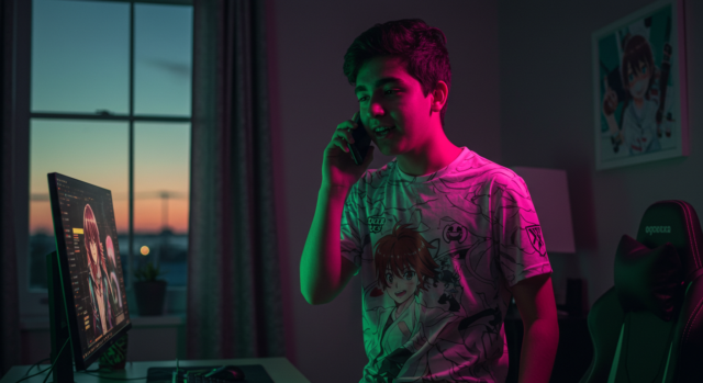A gamer on the phone discussing switching to a better internet plan for improved gaming performance. The gaming setup is illuminated in vibrant colors, and the gamer is wearing a shirt featuring anime artwork.