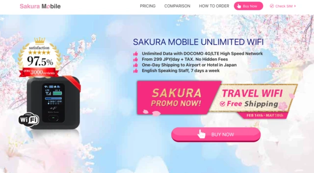 A screenshot of the Sakura Mobile website, promoting Travel WiFi with free shipping.