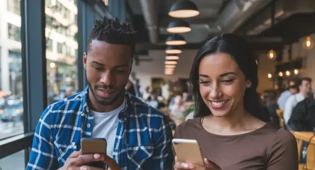 A man and a woman are engrossed in their phones while sitting in a Tokyo cafe
