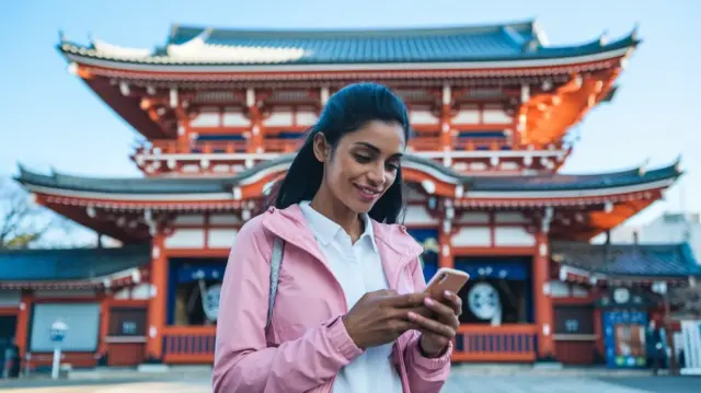 A beautiful woman is standing in front of a Japanese temple while texting on her phone.