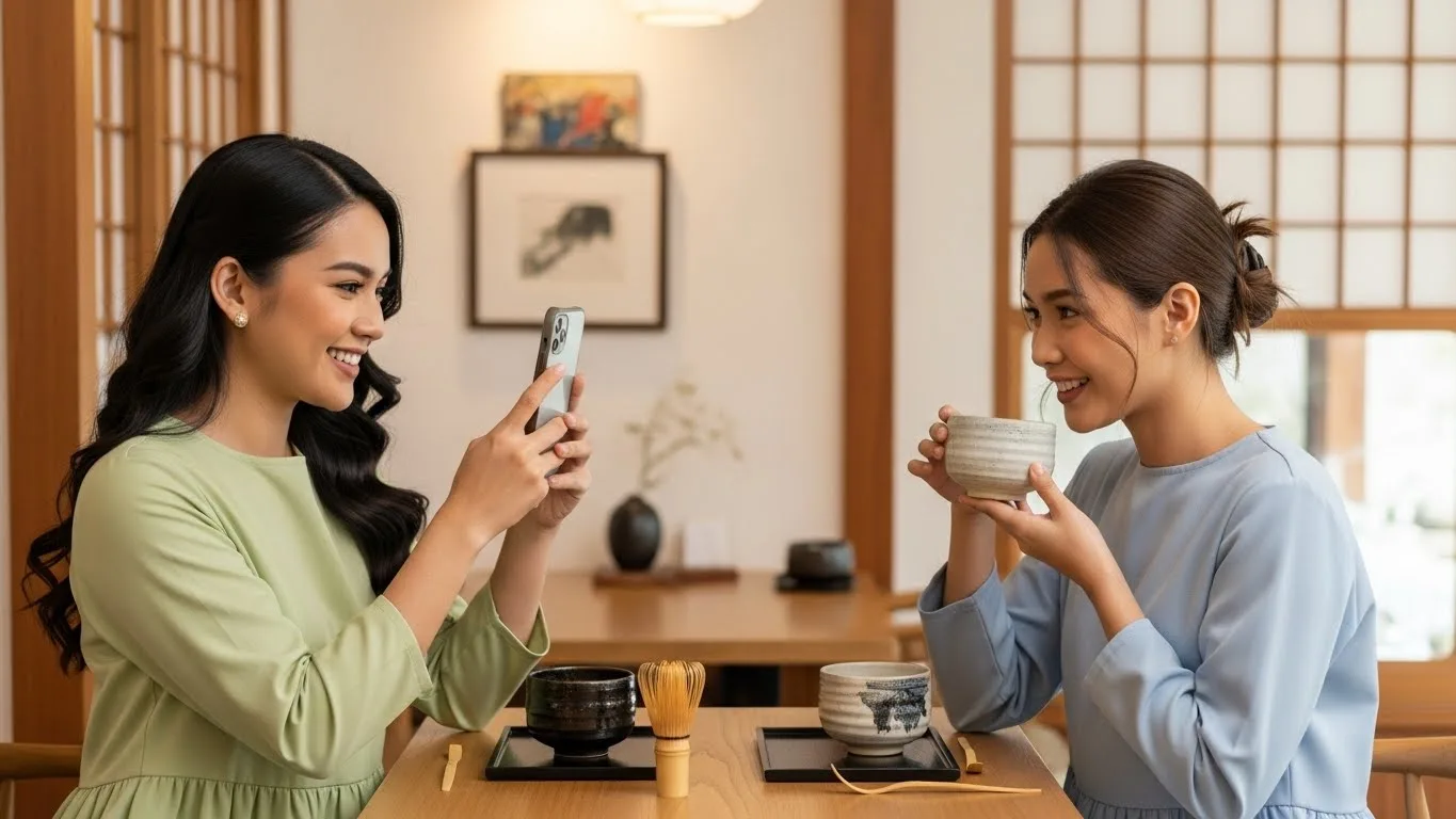 Two friends enjoying tea in a Japanese cafe while taking photos with a smartphone.