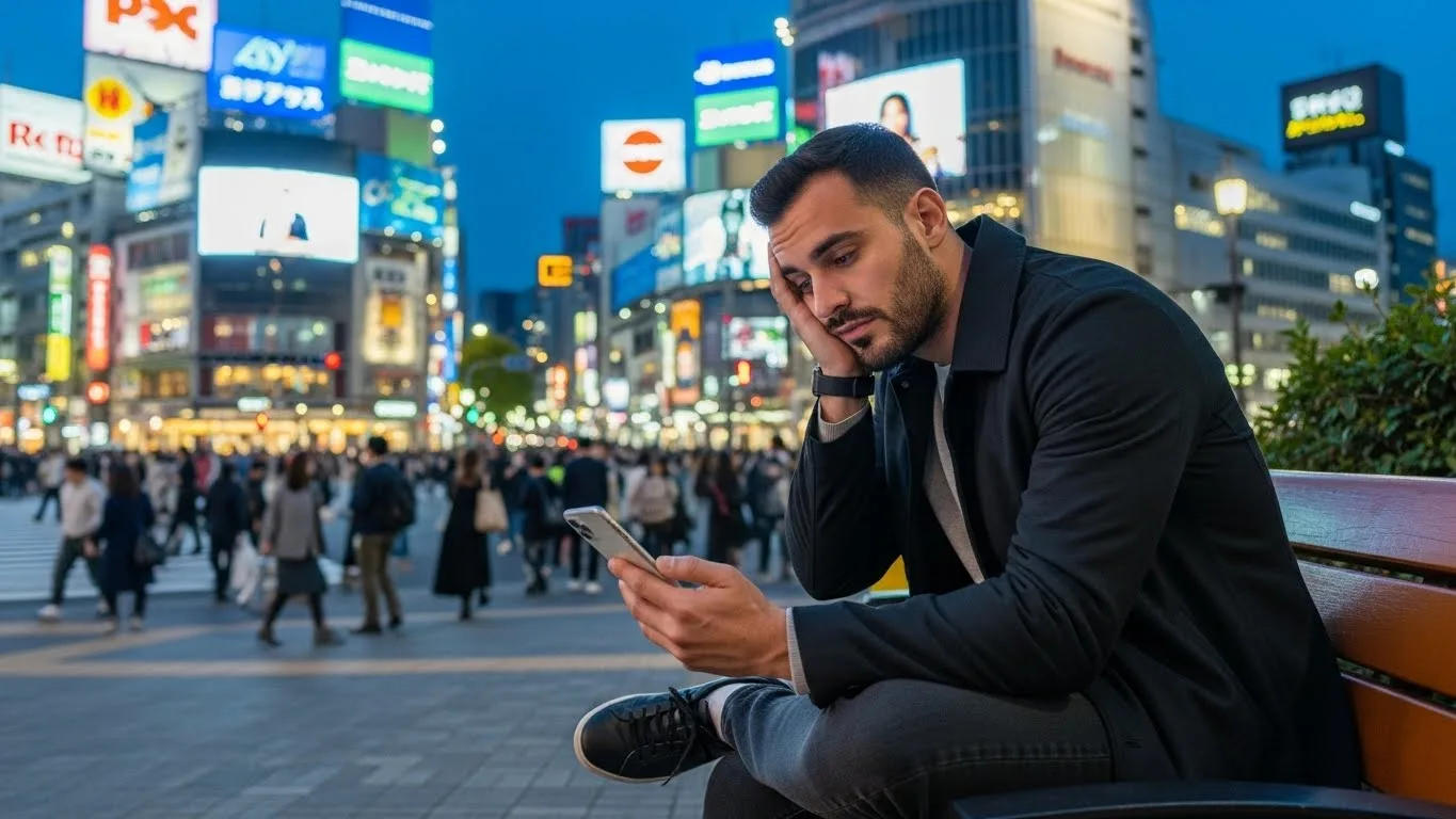 Man sitting on a bench in Shibuya Crossing at night, looking at his phone with bright city lights in the background.