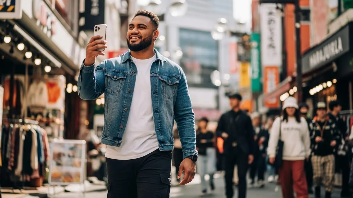 Man walking down a busy street in Harajuku while using his smartphone, smiling and enjoying the atmosphere.