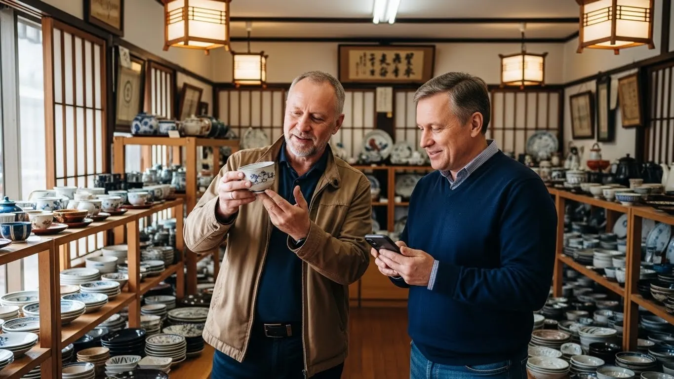 Two men exploring a ceramics store in Japan, one holding a cup while the other checks his phone.