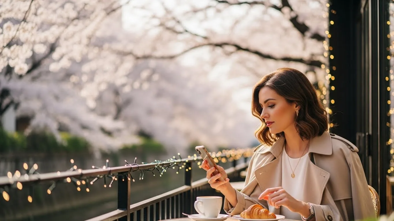 Woman enjoying a cup of coffee while using her phone in an outdoor cafe surrounded by cherry blossoms.