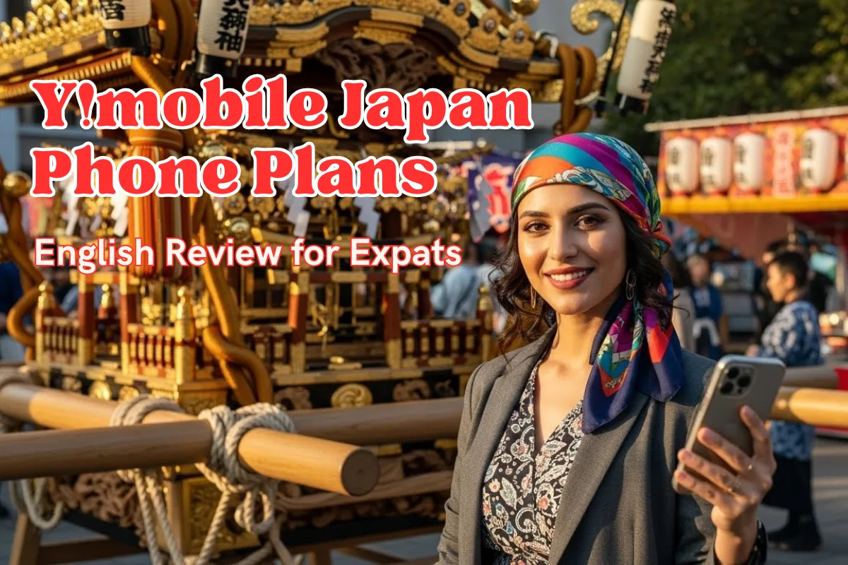 Woman taking a photo in front of a traditional Japanese festival float, with festival-goers in the background.