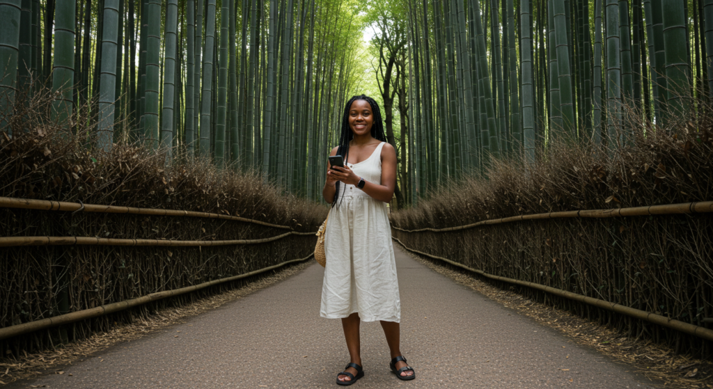 A happy woman with a phone stands on a path in a dense bamboo forest in Japan.