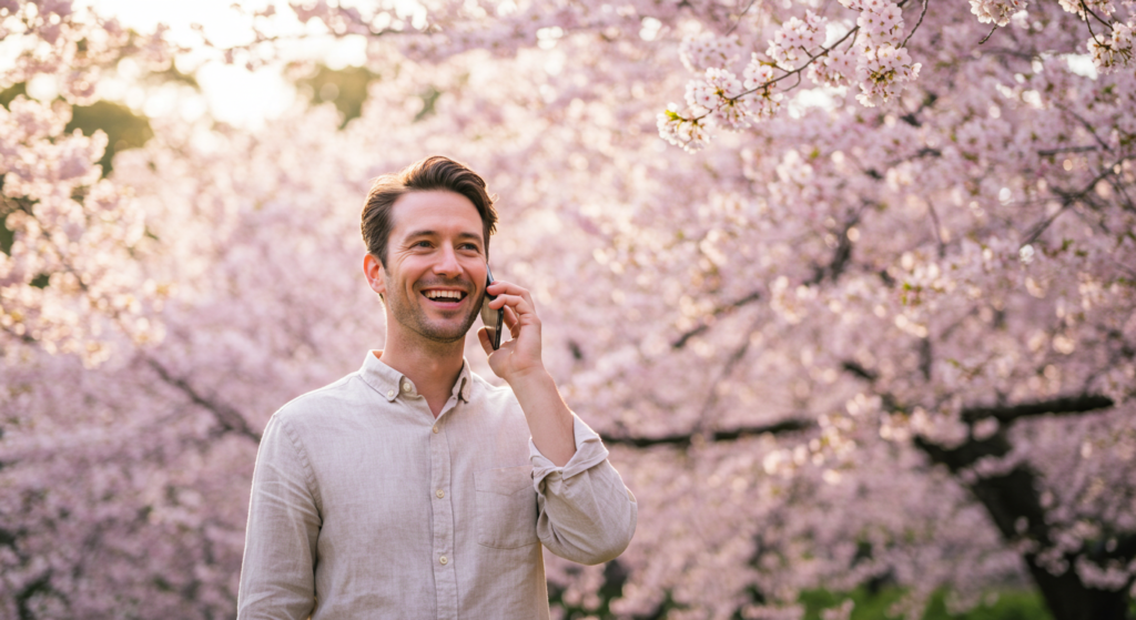 A happy man on a phone call while standing among cherry blossoms in Japan.
