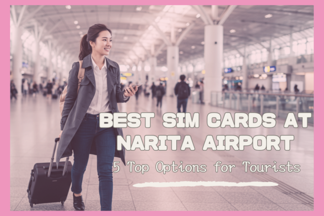 A smiling woman with a suitcase and phone walks through a bright terminal in Narita Airport