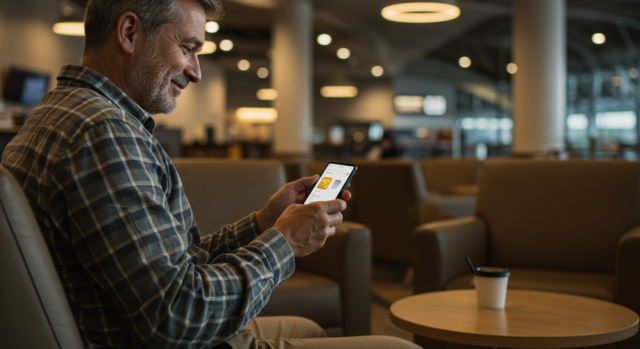 A traveler uses his smartphone to look up information on travel SIM cards while sitting in an airport lounge.
