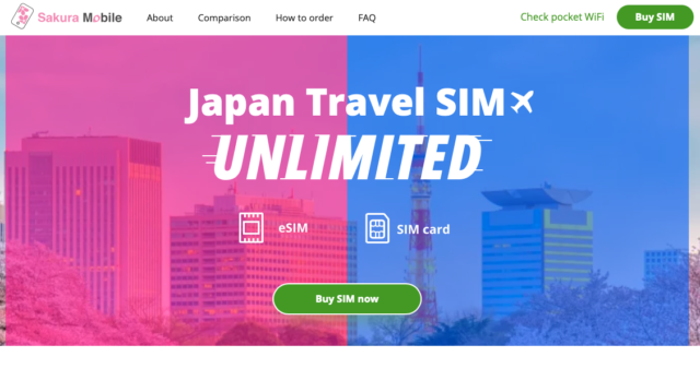A screenshot of the Sakura Mobile website showing a banner for Japan Travel SIM with unlimited data.
