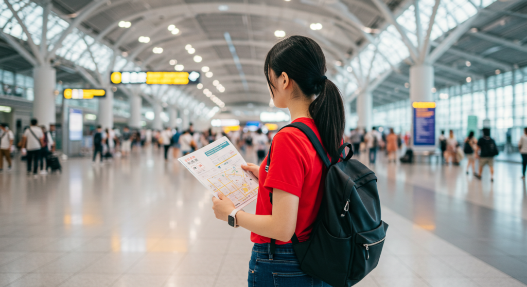 A female traveler with a backpack and a map looks for a SIM card pickup counter inside Narita Airport.