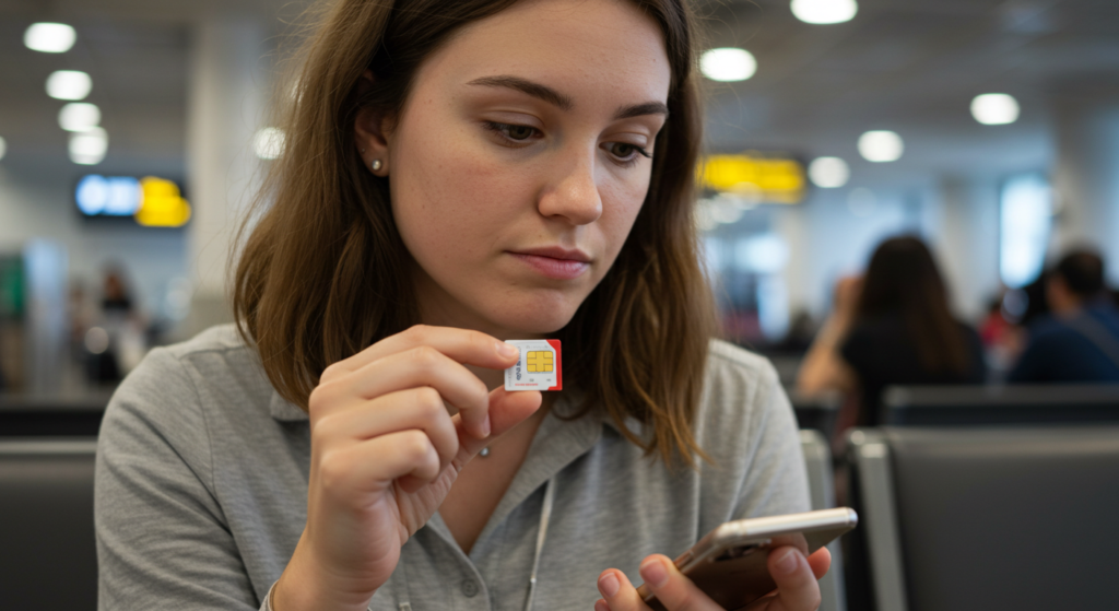A woman holds a physical SIM card and a smartphone, as if preparing to install it.