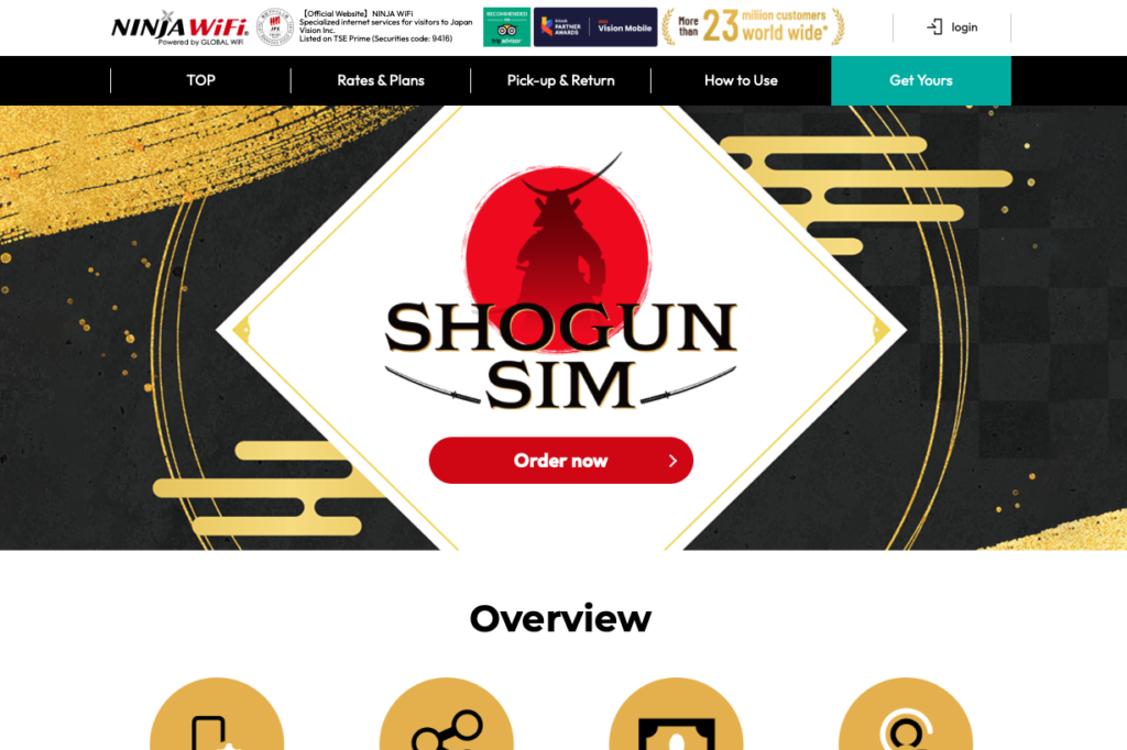 A screenshot of the Global WIFi Ninja WiFi website, showing their prepaid physical SIM card, Shogun SIM.