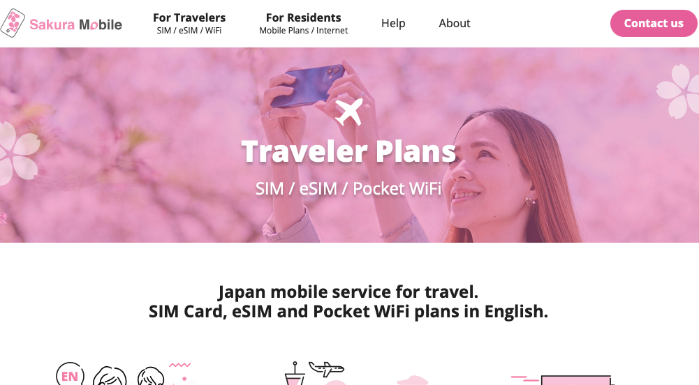 A screenshot of the Sakura Mobile website showing a banner for Japan Traveler SIM, eSIM, and Pocket WiFi plans.