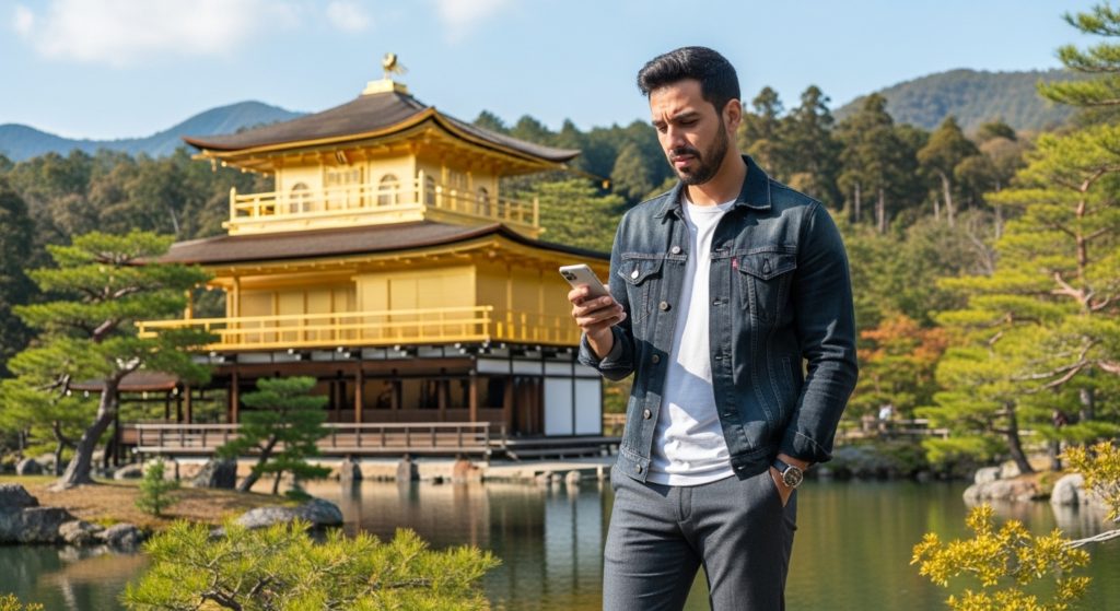 Tourist using phone near the Golden Pavillion in Kyoto, Japan.