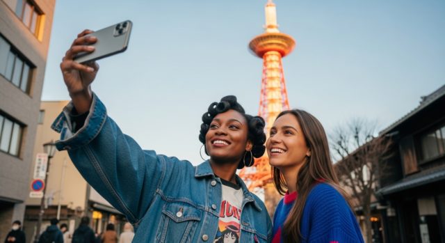 Two tourists taking a selfie in front of a Japan landmark, Kyoto Tower.