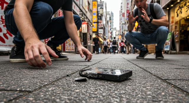 Two men look on in dismay at a cracked Pocket WiFi device on the ground in the busy streets of Osaka.