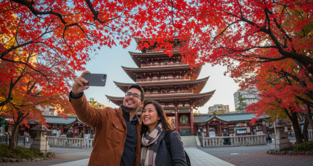 A happy couple takes a selfie in front of a traditional Japanese temple with beautiful red autumn leaves.