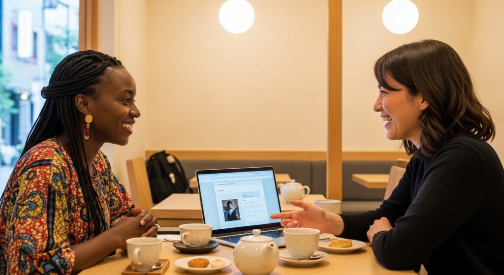 Coworkers having a casual lunch meeting in a Tokyo cafe and looking at a laptop screen.
