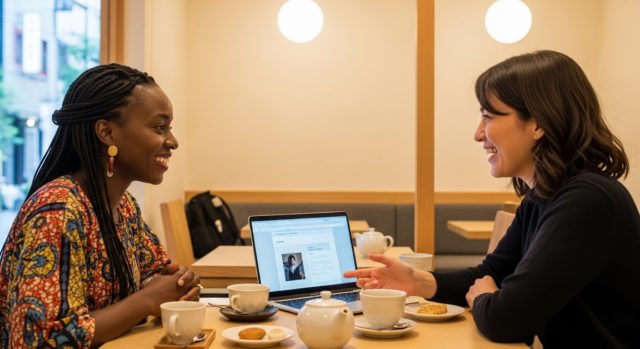 Coworkers having a casual lunch meeting in a Tokyo cafe and looking at a laptop screen.