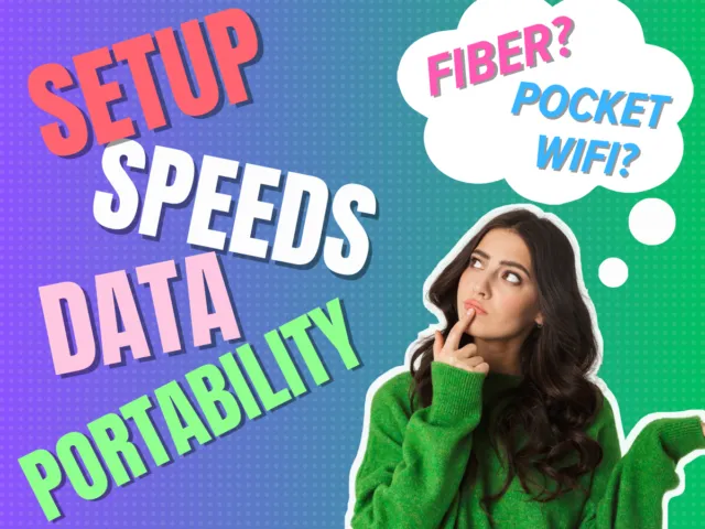 A girl thinking about fiber vs Pocket WiFi.
