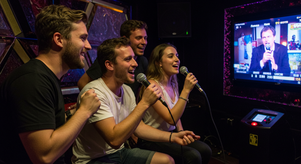 A group of young travelers singing and having fun during a night out at a karaoke box in Japan.