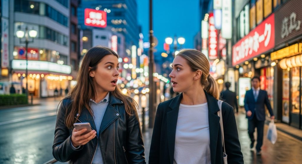 Two travelers looking surprised at a smartphone while walking through a Tokyo business street at night.