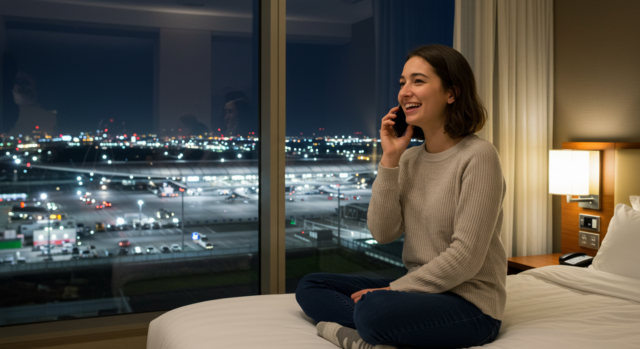A woman makes a phone call while sitting on a hotel bed, with a city and airport visible outside her window.
