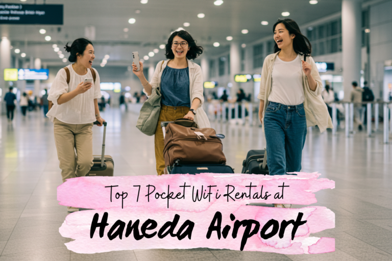 A group of friends laugh and walk with their luggage and phonees through Haneda Airport.