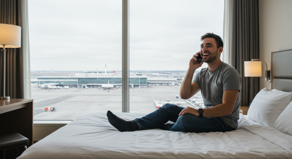 A man uses his phone happily, sitting on a bed in a hotel room near the Haneda Airport runway.