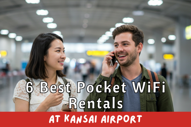 A happy couple use their phones after arriving at Kansai Airport.
