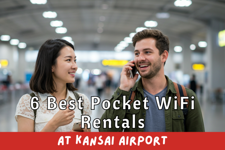 A happy couple use their phones after arriving at Kansai Airport.